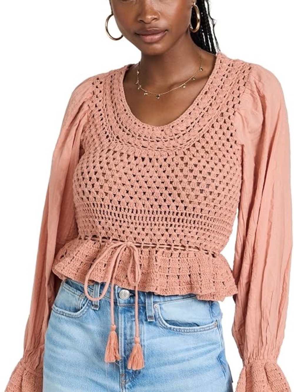 Free People Megan Top Crochet Peasant Long-Sleeve Top XS